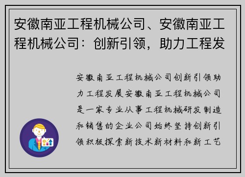 安徽南亚工程机械公司、安徽南亚工程机械公司：创新引领，助力工程发展