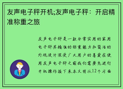 友声电子秤开机;友声电子秤：开启精准称重之旅